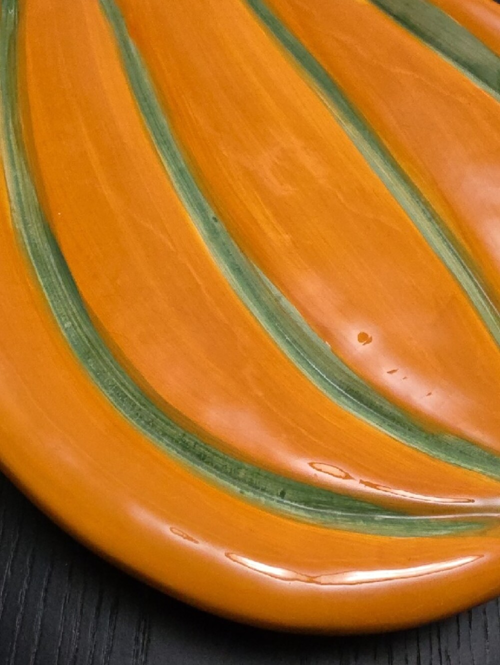Festive Orange Ceramic Pumpkin Serving Platter with Green Accent - Picture 5 of 10